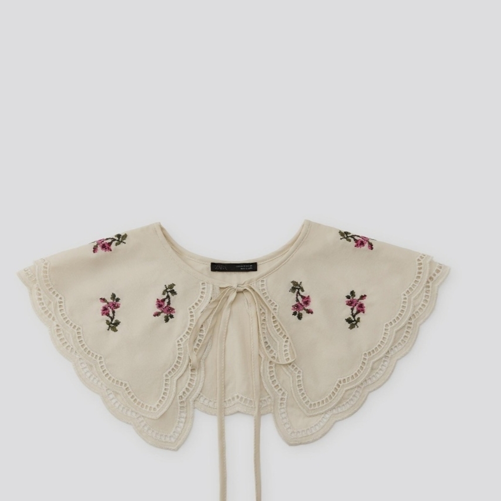Zara Cream Embroidered Detachable Collar with Pink Floral Accents